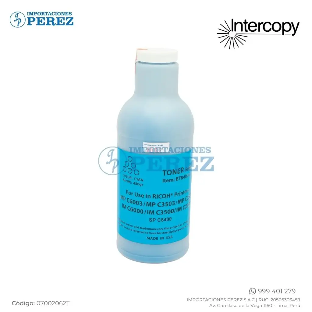 Toner Recarga Cyan Ricoh [Intercopy] Botella/500g 