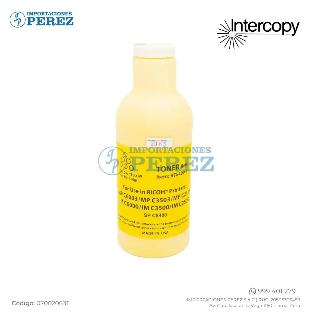 Toner Recarga Yellow Ricoh [Intercopy] Botella/500g 