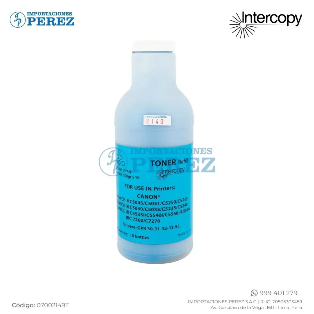 Toner Recarga Cyan GPR30/GPR31/GPR55/ Canon [Intercopy] Botella/500g